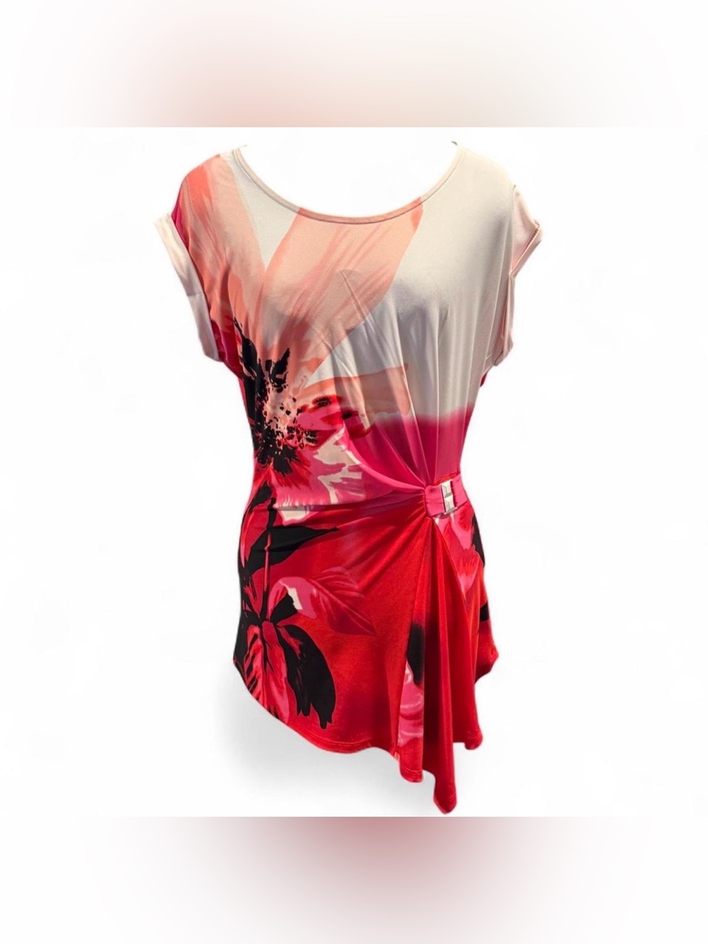 FYLO Red Pink Floral Twist-Detail Tunic Top